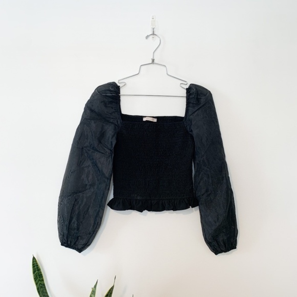 Pookie & Sebastian Black Puff Sleeve Smocked Crop Top sz S
